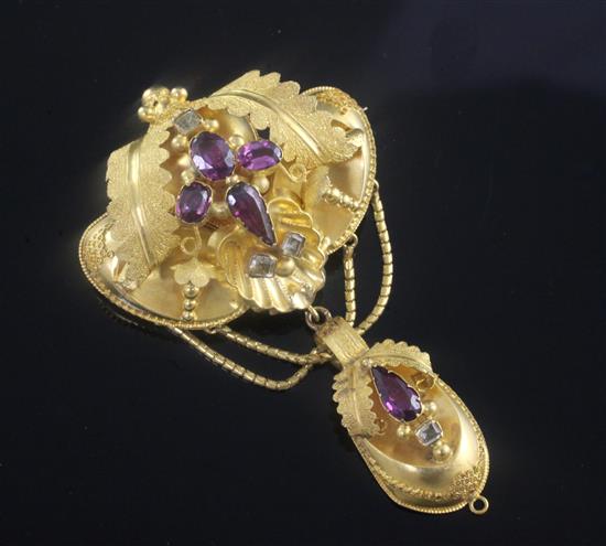 A Victorian high carat gold and gem set gem drop pendant brooch, 2.75in.